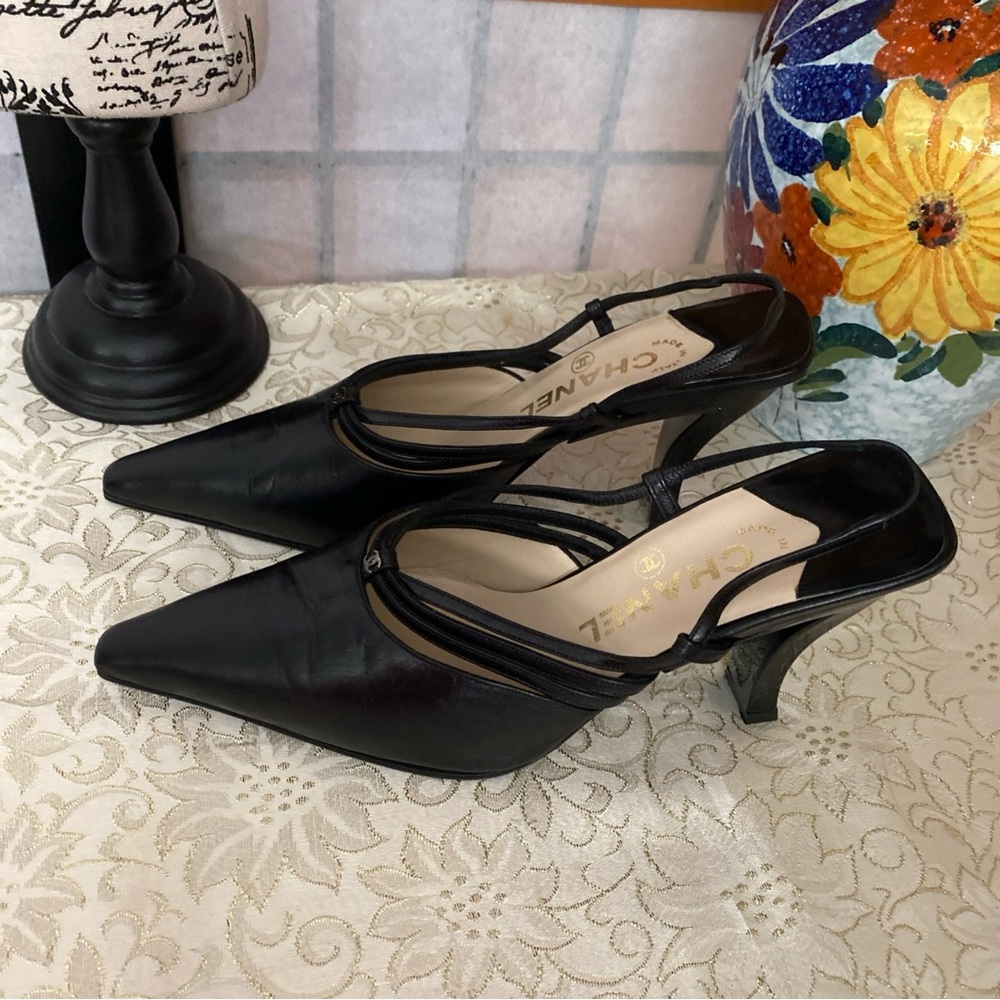 CHANEL New Black Pointed-Toe Slingback Heels Fits 5.5/6 (Euro 35.5) - Picture 16 of 16